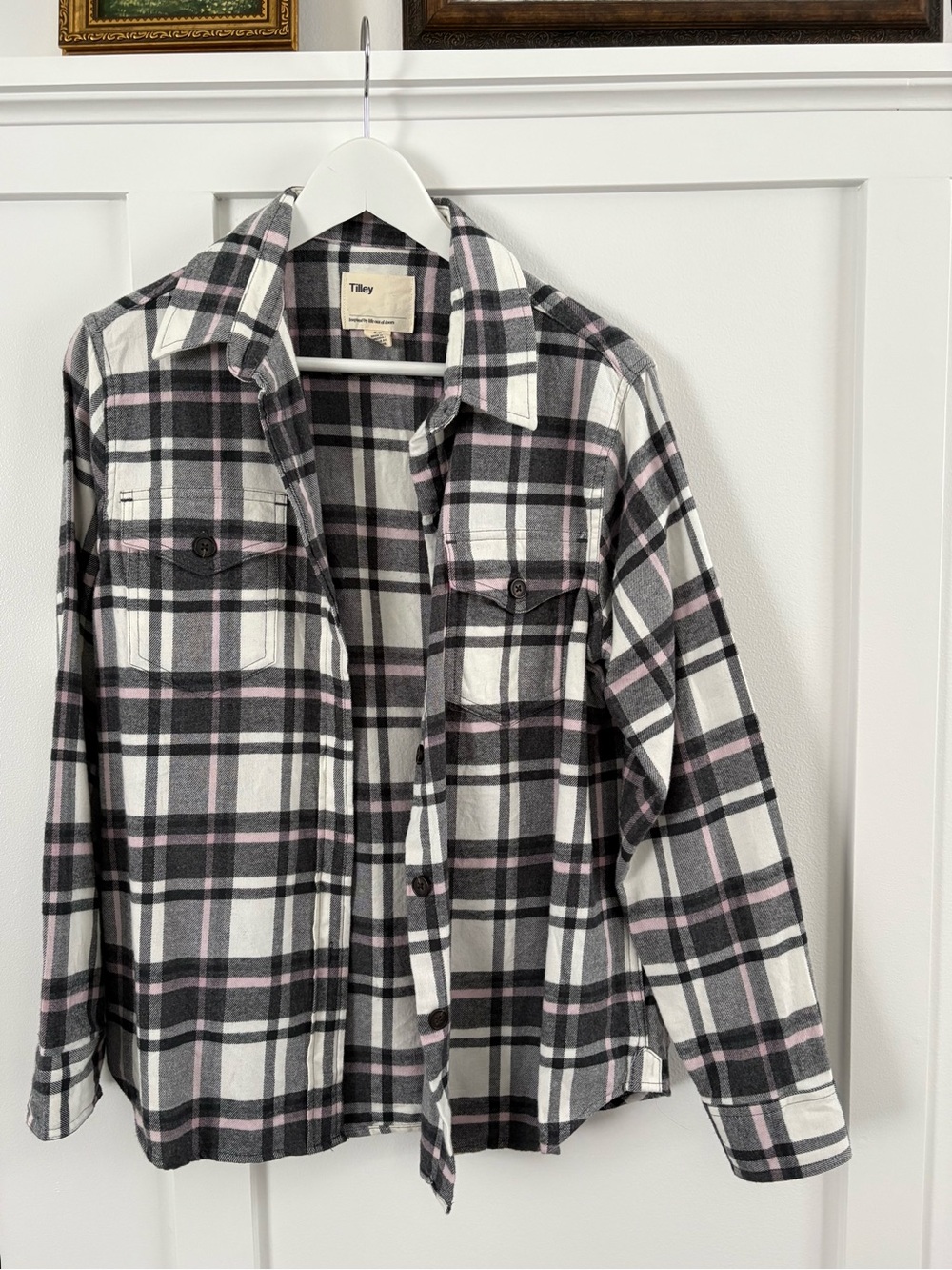 Plaid Button-Front Shirt Jacket in Grey, White & Pink